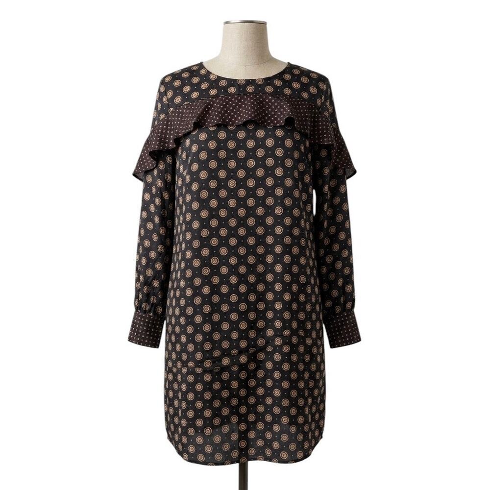 Banana Republic Navy 100% Silk Foulard Print Ruffle Long Sleeve Dress Sz 8